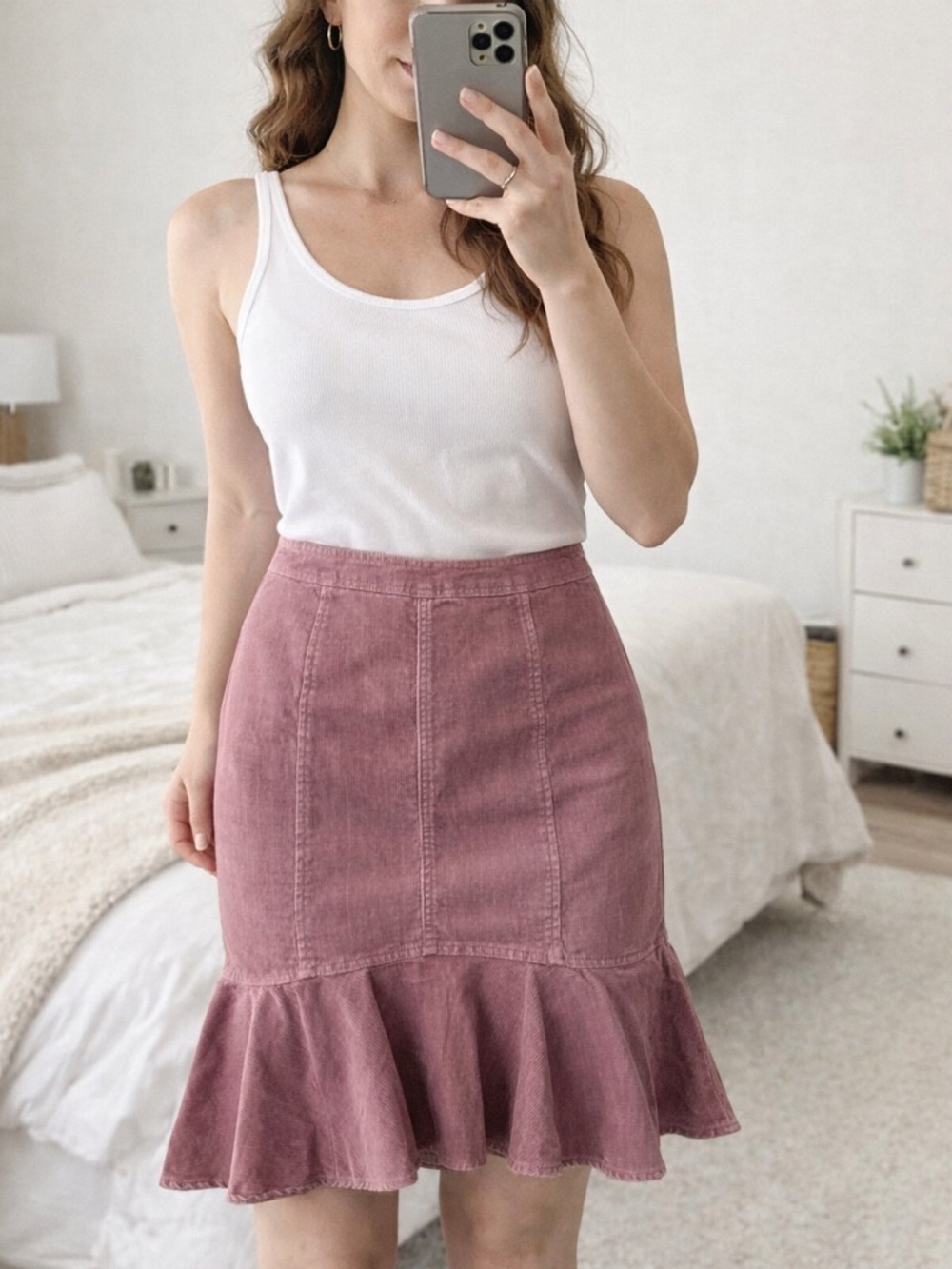 Anthropologie Pilco Pink Mauve Ruffle‎ Hem Skirt Corduroy Cotton Women 10 Fairy